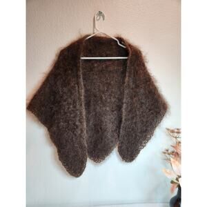 Vintage Hand-Knit Mohair Wool‎ Brown Triangle Shawl Wrap Soft Fuzzy Scarf